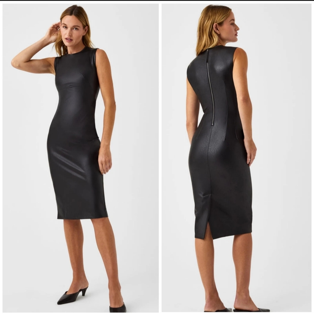 Faux Leather Elegant Black Sleeveless Dress